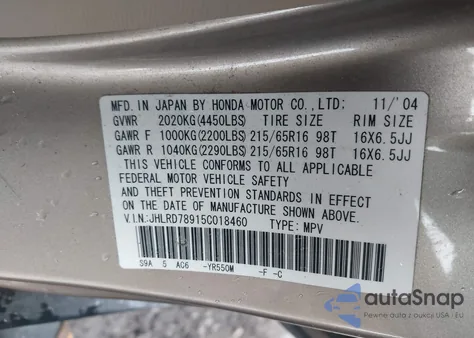 2005 Honda Cr-V Se z USA, uszkodzony, nr VIN JHLRD78915C018460